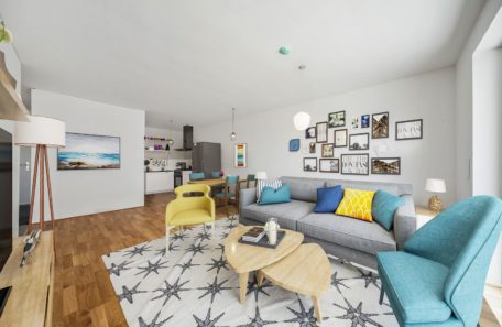 Wohnzimmer mit Küche, digital möbliert Wohnzimmer mit Küche, digital möbliert